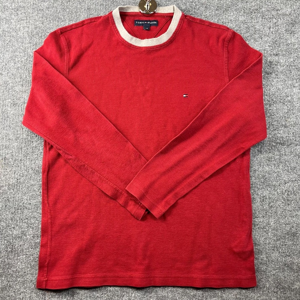 Tommy Hilfiger Long Sleeve T-Shirt Mens Red Cotton Knit Crewneck Classic - Large